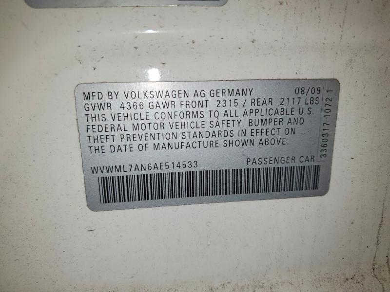 Aukcja sprzedaży 2010 Volkswagen Cc, vin: WVWML7AN6AE514533, numer aukcji: 73520425