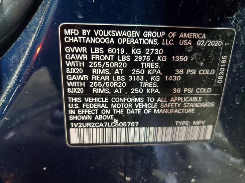 74750025 :رقم المزاد ، 1V2UR2CA7LC505767 vin ، 2020 Volkswagen Atlas مزاد بيع