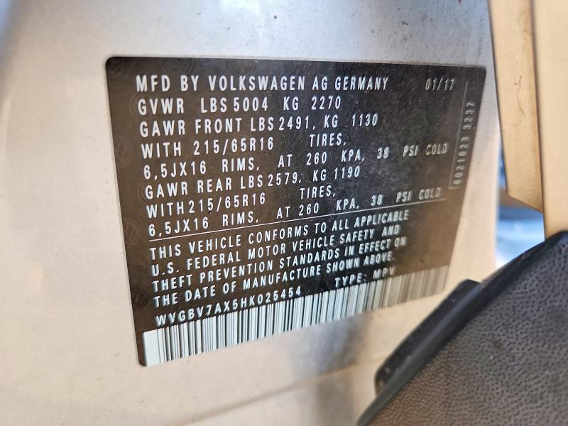 Aukcja sprzedaży 2017 Volkswagen Tiguan, vin: WVGBV7AX5HK025454, numer aukcji: 99462755