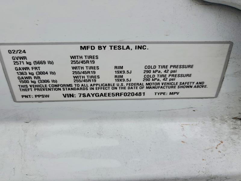 98241895 :رقم المزاد ، 7SAYGAEE5RF020481 vin ، 2024 Tesla Model Y مزاد بيع