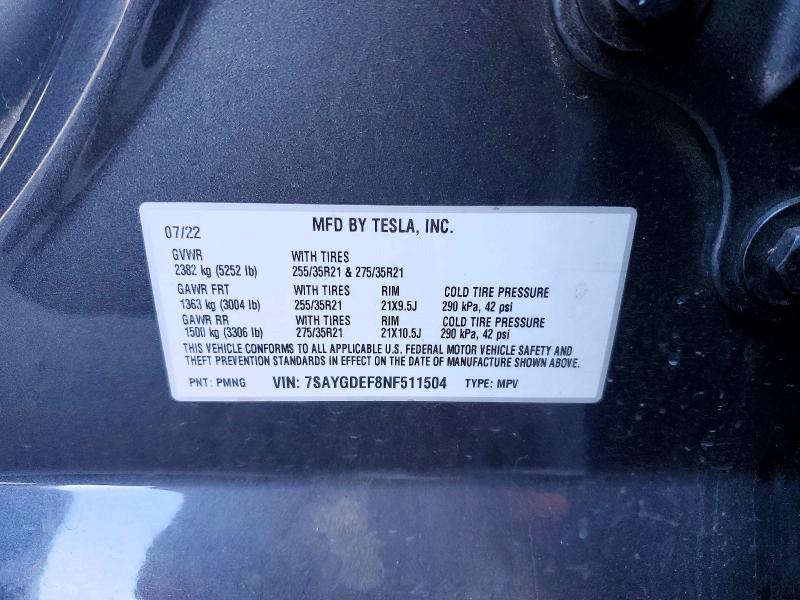 75090825 :رقم المزاد ، 7SAYGDEF8NF511504 vin ، 2022 Tesla Model Y مزاد بيع