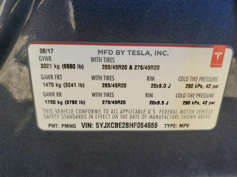 2017 Tesla Model X მანქანა იყიდება აუქციონზე, vin: 5YJXCBE28HF054655, აუქციონის ნომერი: 73262335