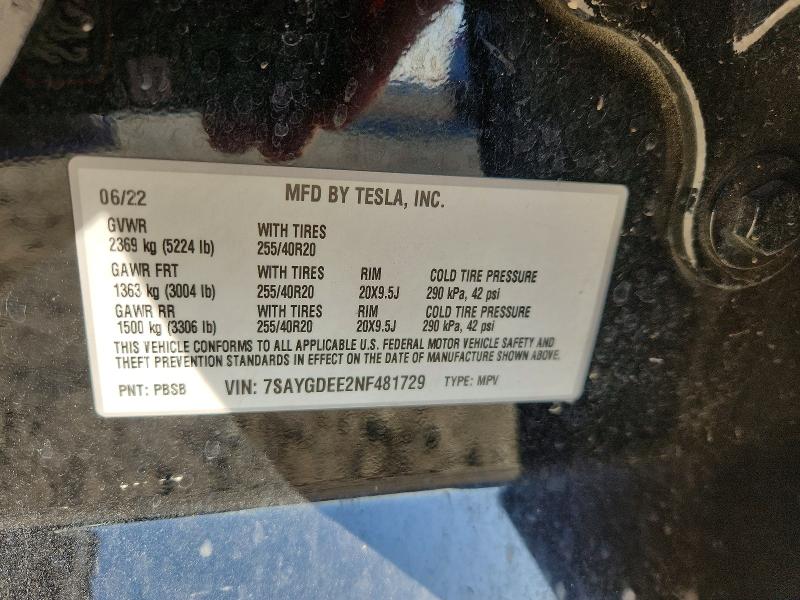 2022 Tesla Model Y მანქანა იყიდება აუქციონზე, vin: 7SAYGDEE2NF481729, აუქციონის ნომერი: 75272975