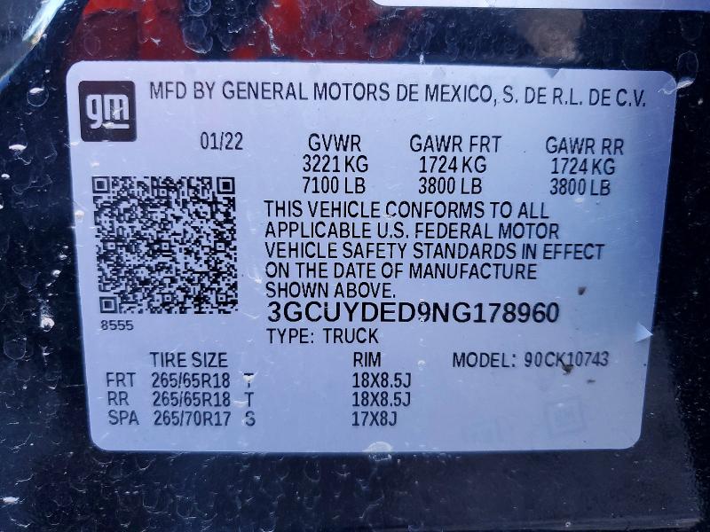 Продаж на аукціоні авто 2022 Chevrolet Silverado, vin: 3GCUYDED9NG178960, номер лоту: 99540185