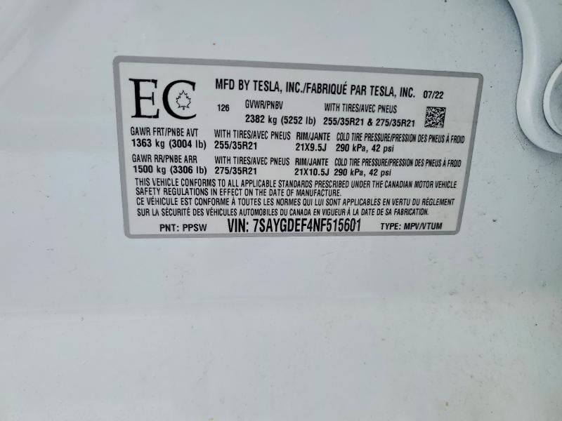 Auction sale of the 2022 Tesla Truck/van Model Y 75d Performa, vin: 7SAYGDEF4NF515601, lot number: 73654995