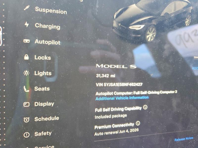 99353815 :رقم المزاد ، 5YJSA1E58NF462427 vin ، 2022 Tesla Model S مزاد بيع