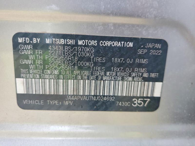 72951305 :رقم المزاد ، JA4APVAU7NU024692 vin ، 2022 Mitsubishi Outlander Sport مزاد بيع