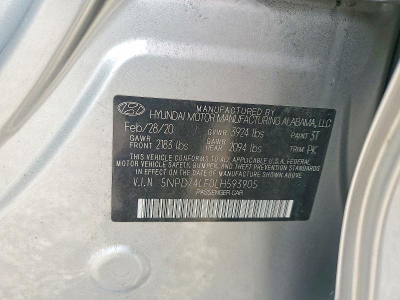 72827075 :رقم المزاد ، 5NPD74LF0LH593905 vin ، 2020 Hyundai Elantra مزاد بيع