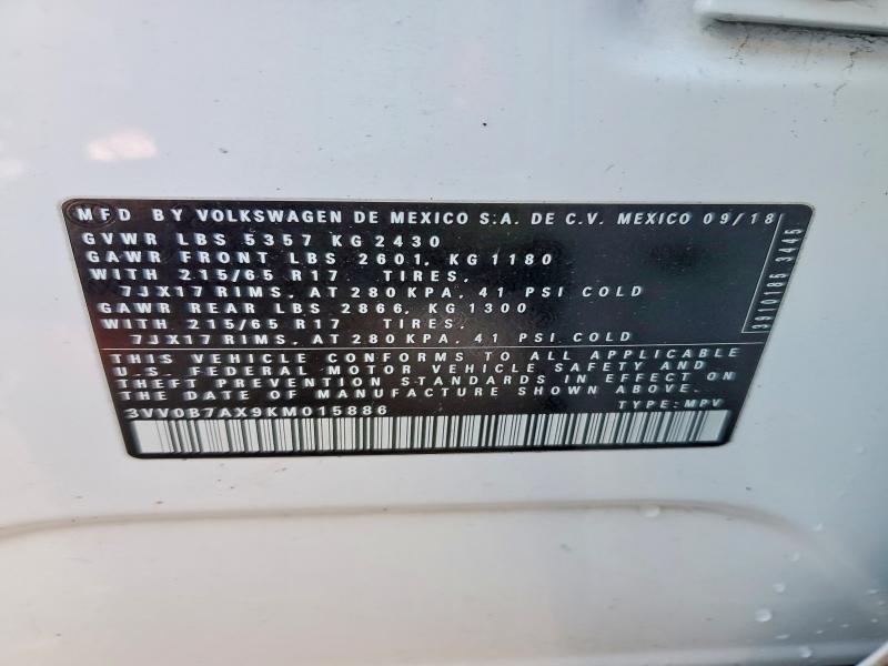73750675 :رقم المزاد ، 3VV0B7AX9KM015886 vin ، 2019 Volkswagen Tiguan مزاد بيع