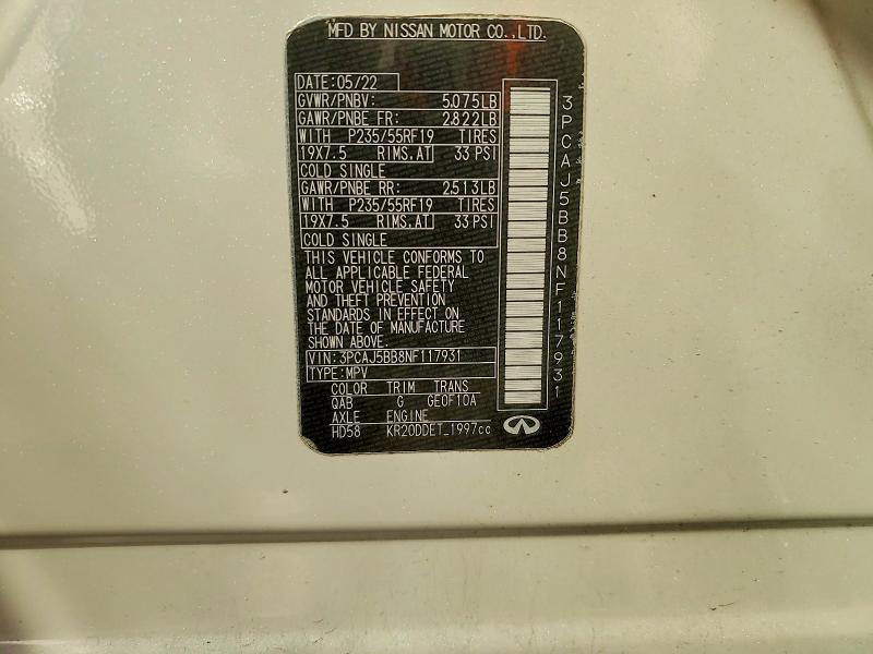 73015845 :رقم المزاد ، 3PCAJ5BB8NF117931 vin ، 2022 Infiniti Qx50 مزاد بيع