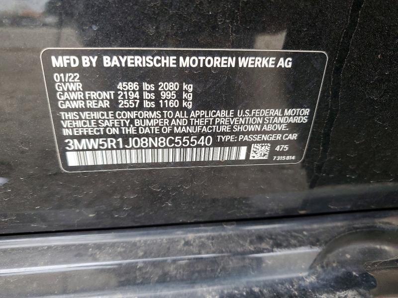 74049435 :رقم المزاد ، 3MW5R1J08N8C55540 vin ، 2022 Bmw 330i مزاد بيع