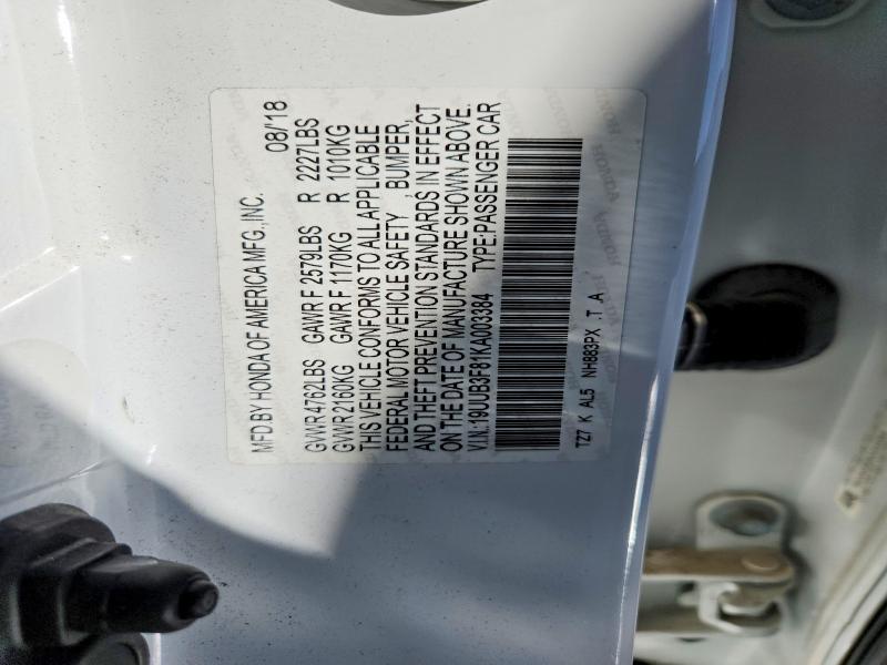 72981035 :رقم المزاد ، 19UUB3F81KA003384 vin ، 2019 Acura Tlx مزاد بيع