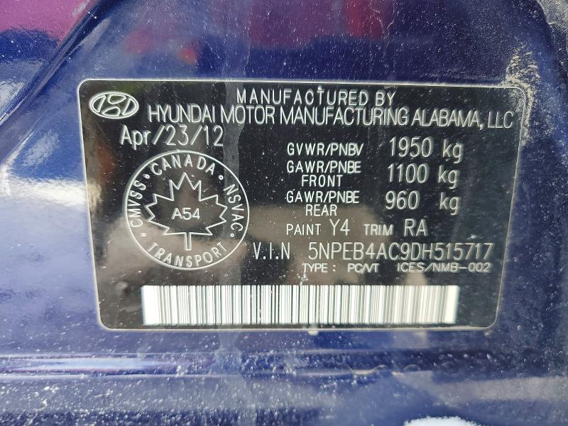 74952545 :رقم المزاد ، 5NPEB4AC9DH515717 vin ، 2013 Hyundai Sonata Gls مزاد بيع