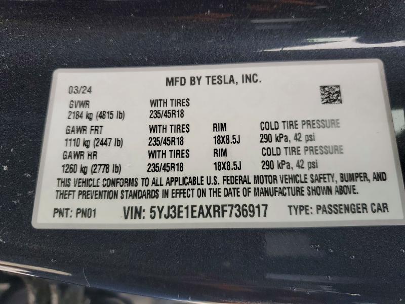 73901605 :رقم المزاد ، 5YJ3E1EAXRF736917 vin ، 2024 Tesla Model 3 مزاد بيع