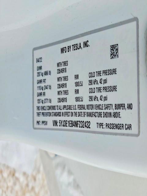 Продажа на аукционе авто 2022 Tesla Model 3, vin: 5YJ3E1EB4NF232432, номер лота: 74866705