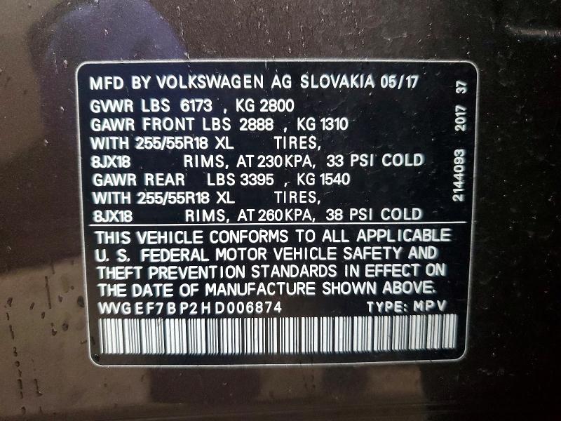 Aukcja sprzedaży 2017 Volkswagen Touareg, vin: WVGEF7BP2HD006874, numer aukcji: 73026545