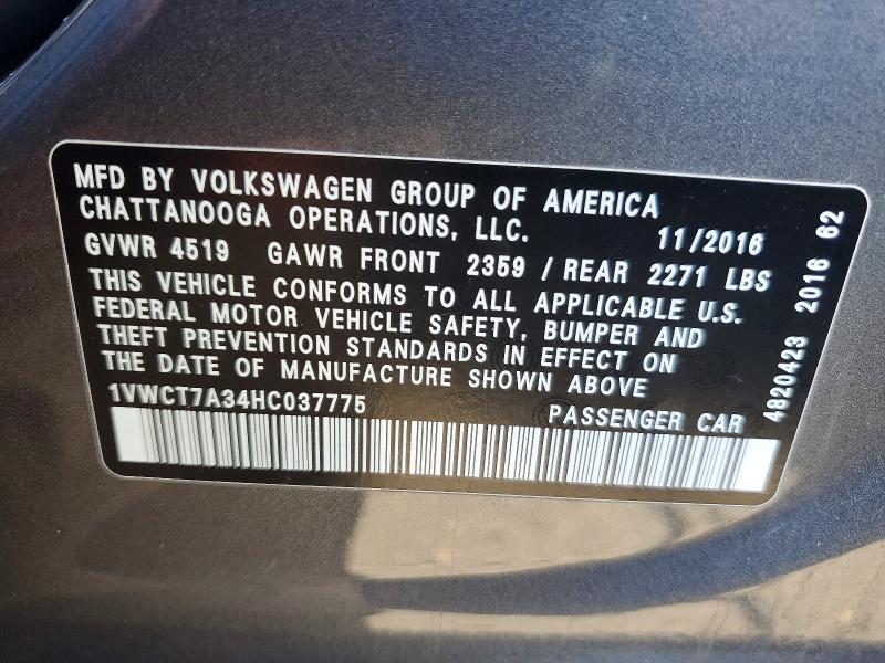 Aukcja sprzedaży 2017 Volkswagen Passat Sel, vin: 1VWCT7A34HC037775, numer aukcji: 73076445