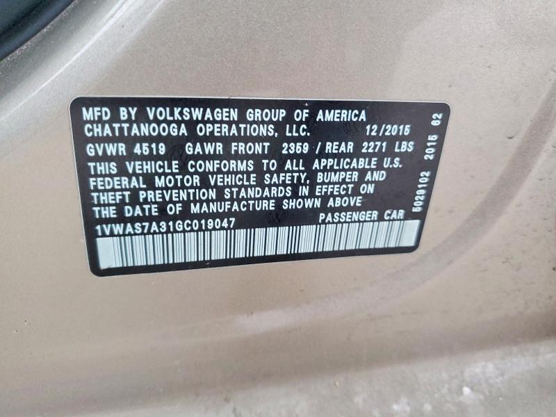 98155585 :رقم المزاد ، 1VWAS7A31GC019047 vin ، 2016 Volkswagen Passat مزاد بيع