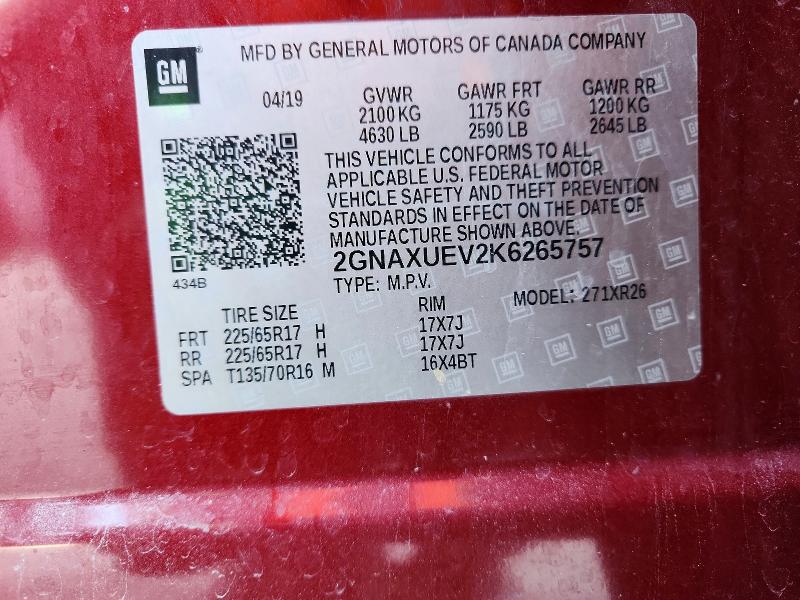73053395 :رقم المزاد ، 2GNAXUEV2K6265757 vin ، 2019 Chevrolet Equinox مزاد بيع