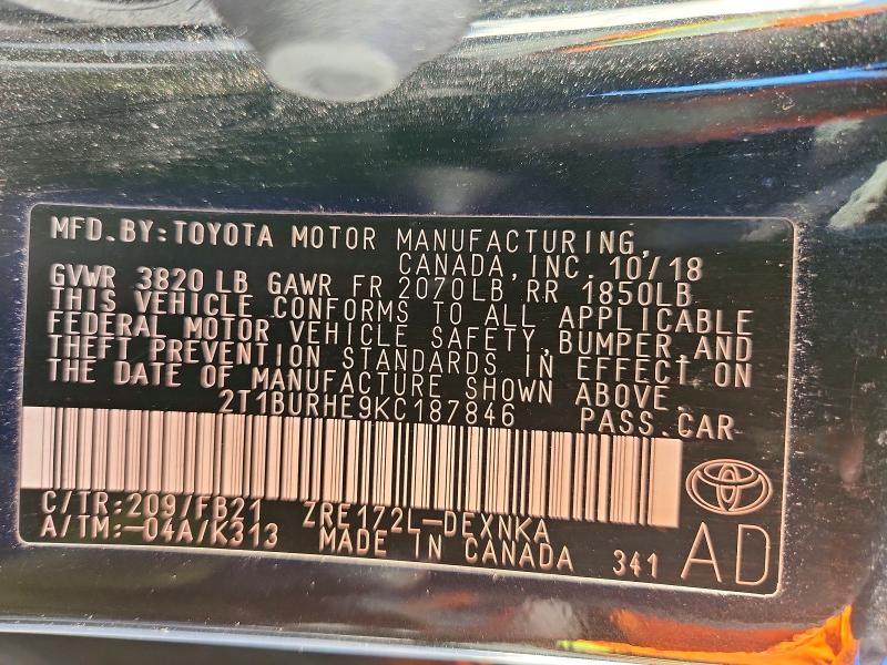 75316125 :رقم المزاد ، 2T1BURHE9KC187846 vin ، 2019 Toyota Corolla مزاد بيع