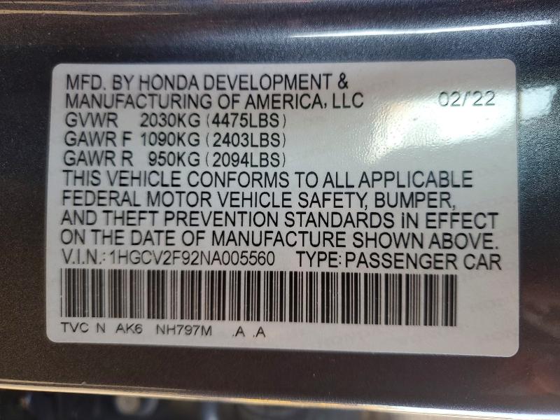 72689285 :رقم المزاد ، 1HGCV2F92NA005560 vin ، 2022 Honda Accord مزاد بيع