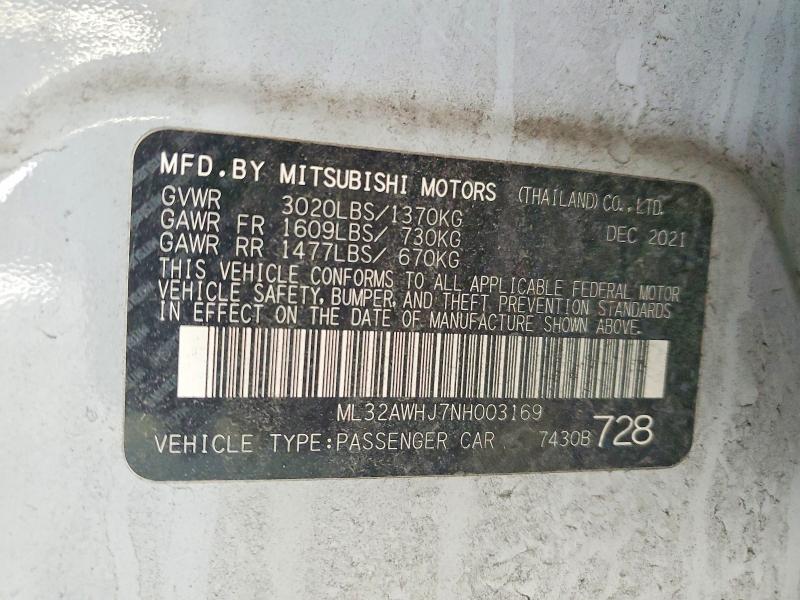 Продаж на аукціоні авто 2022 Mitsubishi Mirage, vin: ML32AWHJ7NH003169, номер лоту: 74228985