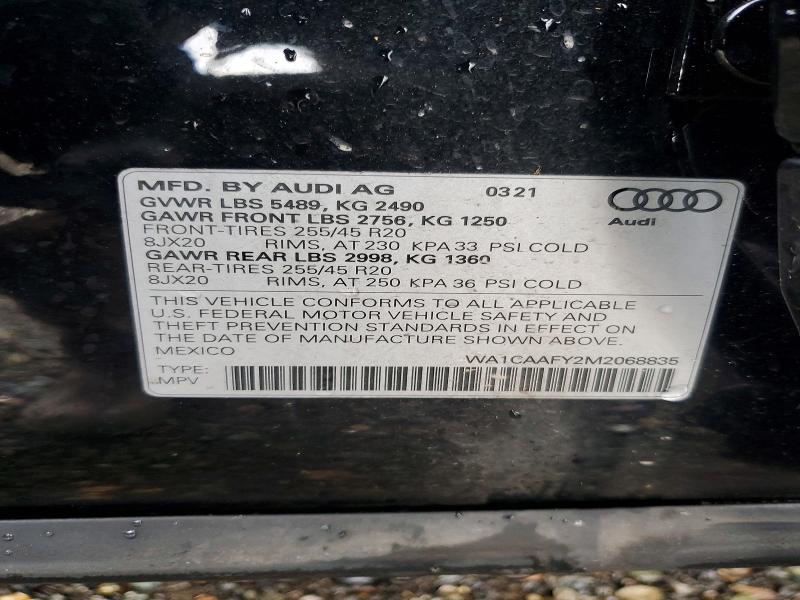 72219215 :رقم المزاد ، WA1CAAFY2M2068835 vin ، 2021 Audi Q5 مزاد بيع