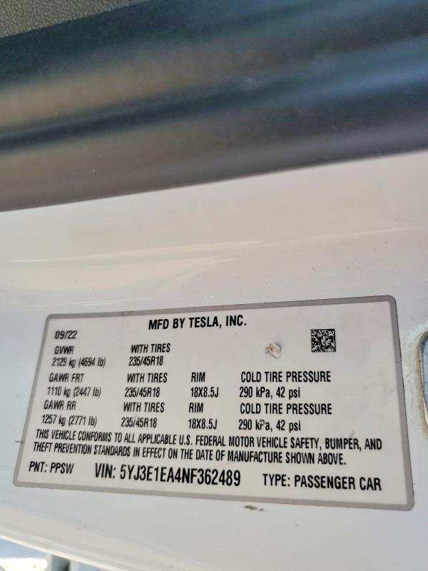 73620795 :رقم المزاد ، 5YJ3E1EA4NF362489 vin ، 2022 Tesla Model 3 مزاد بيع
