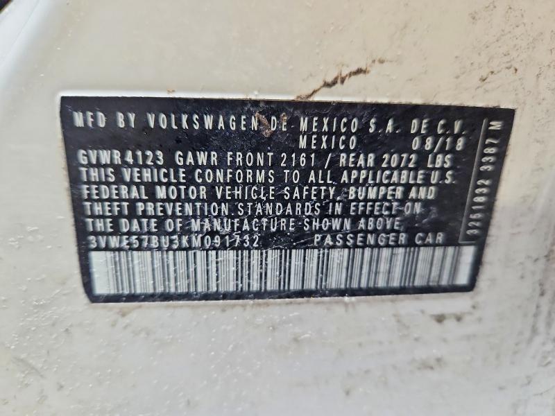2019 Volkswagen Jetta მანქანა იყიდება აუქციონზე, vin: 3VWE57BU3KM091732, აუქციონის ნომერი: 72856035