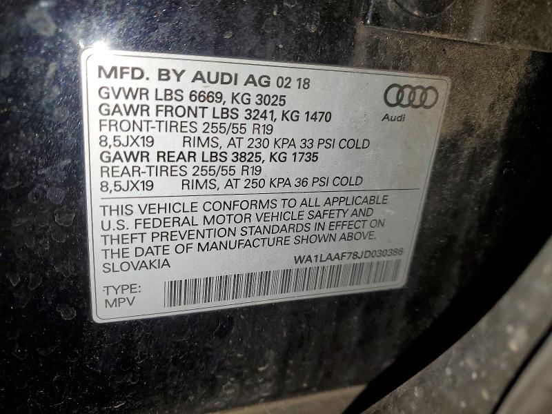 2018 Audi Q7 Premium მანქანა იყიდება აუქციონზე, vin: WA1LAAF78JD030386, აუქციონის ნომერი: 75341785