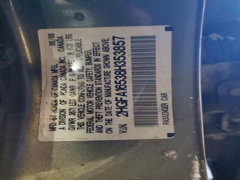 2008 Honda Civic მანქანა იყიდება აუქციონზე, vin: 2HGFA16538H353857, აუქციონის ნომერი: 73290885