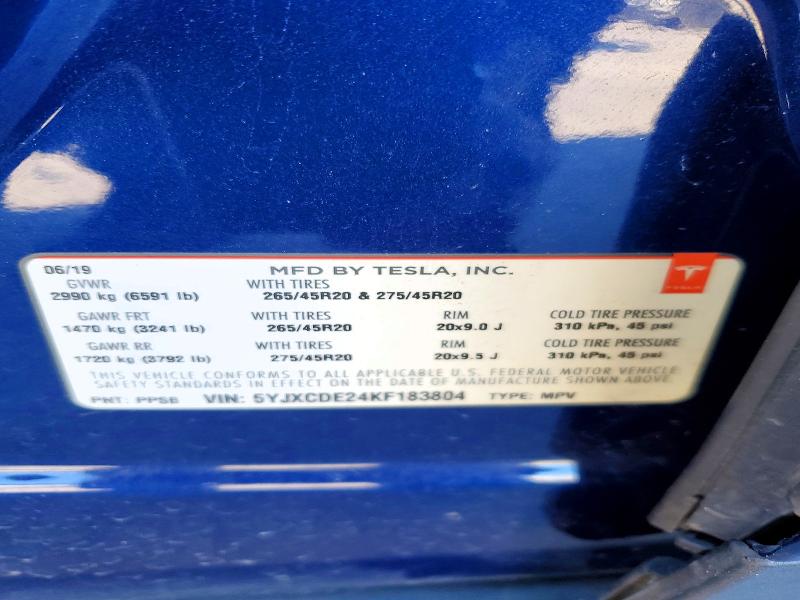 2019 Tesla Model X მანქანა იყიდება აუქციონზე, vin: 5YJXCDE24KF183804, აუქციონის ნომერი: 74330925