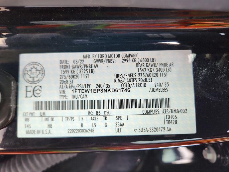 Продажа на аукционе авто 2022 Ford F150, vin: 1FTEW1EP8NKD61746, номер лота: 99859645