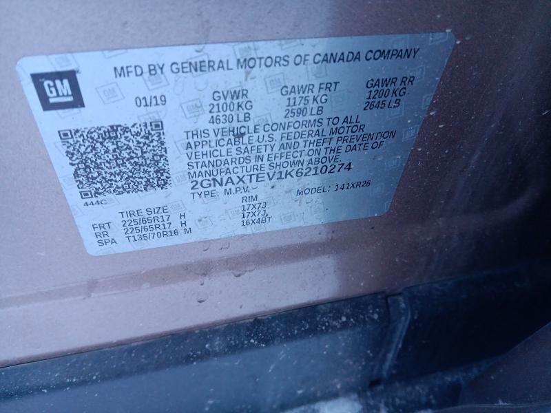99317575 :رقم المزاد ، 2GNAXTEV1K6210274 vin ، 2019 Chevrolet Equinox مزاد بيع