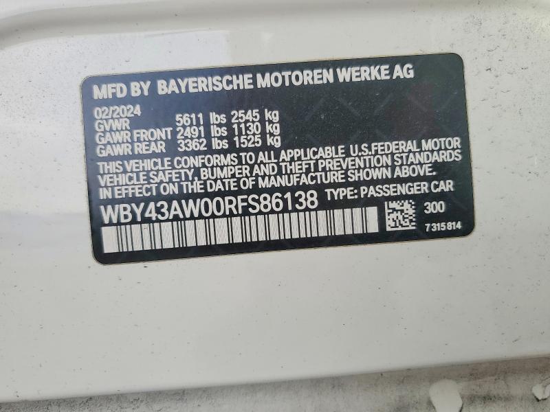 Продажа на аукционе авто 2024 Bmw I4, vin: WBY43AW00RFS86138, номер лота: 74878215