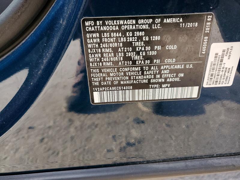Продаж на аукціоні авто 2019 Volkswagen Atlas, vin: 1V2AP2CA9KC514008, номер лоту: 97543555