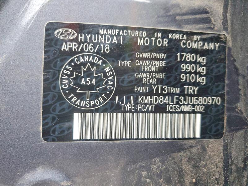 72302785 :رقم المزاد ، KMHD84LF3JU680970 vin ، 2018 Hyundai Elantra مزاد بيع