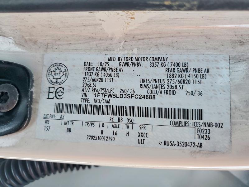 Продажа на аукционе авто 2025 Ford F150, vin: 1FTFW5LD3SFC24688, номер лота: 73228035