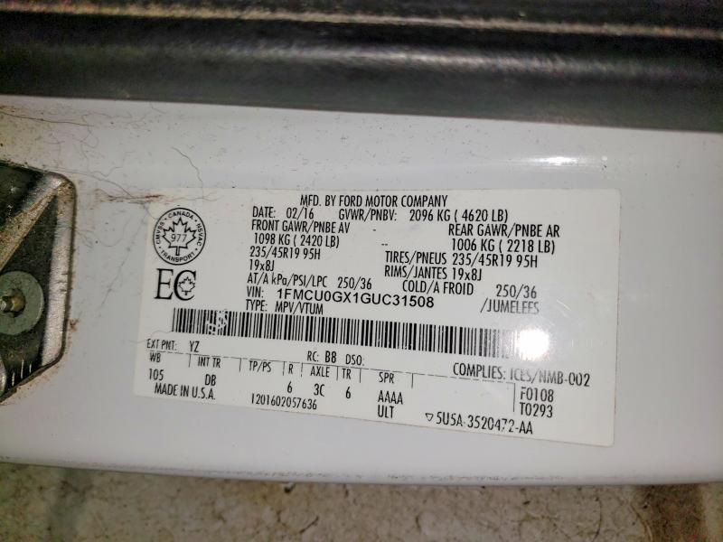 Aukcja sprzedaży 2016 Ford Escape, vin: 1FMCU0GX1GUC31508, numer aukcji: 99225785