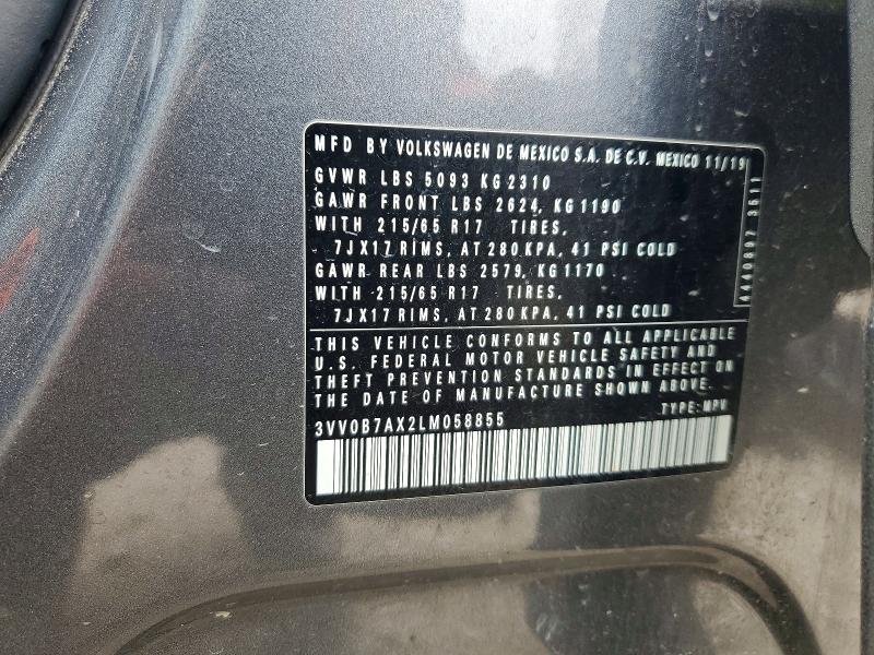 2020 Volkswagen Tiguan მანქანა იყიდება აუქციონზე, vin: 3VV0B7AX2LM058855, აუქციონის ნომერი: 72801535