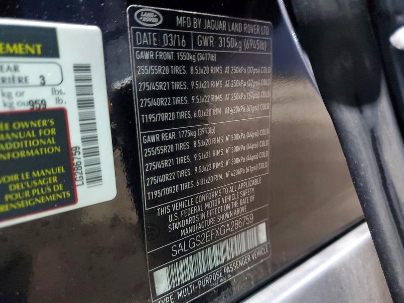 73443915 :رقم المزاد ، SALGS2EFXGA286759 vin ، 2016 Land Rover Range Rove مزاد بيع