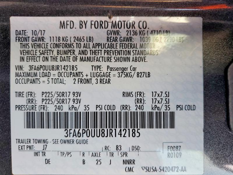 Auction sale of the 2018 Ford Fusion S H, vin: 3FA6P0UU8JR142185, lot number: 74768815