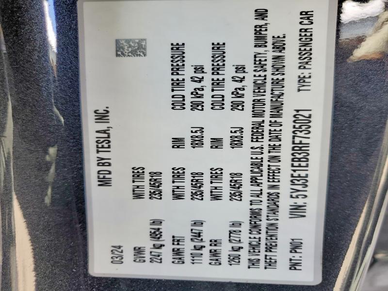 Aukcja sprzedaży 2024 Tesla Model 3, vin: 5YJ3E1EB3RF735021, numer aukcji: 99738355