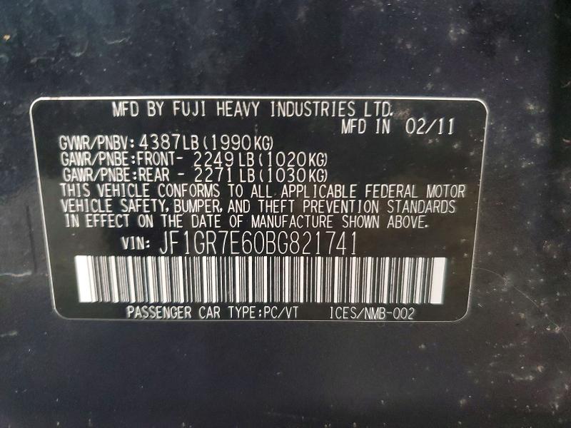 Aukcja sprzedaży 2011 Subaru Impreza, vin: JF1GR7E60BG821741, numer aukcji: 98610115