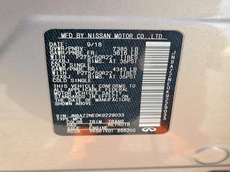 72954855 :رقم المزاد ، JN8AZ2NE0K9229033 vin ، 2019 Infiniti Qx80 مزاد بيع