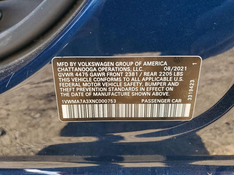 Aukcja sprzedaży 2022 Volkswagen Passat, vin: 1VWMA7A3XNC000753, numer aukcji: 73972815