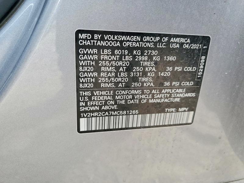 73937745 :رقم المزاد ، 1V2HR2CA7MC581265 vin ، 2021 Volkswagen Atlas مزاد بيع