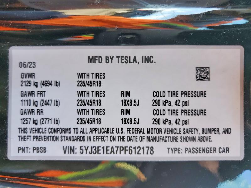 2023 Tesla Model 3 მანქანა იყიდება აუქციონზე, vin: 5YJ3E1EA7PF612178, აუქციონის ნომერი: 73861765