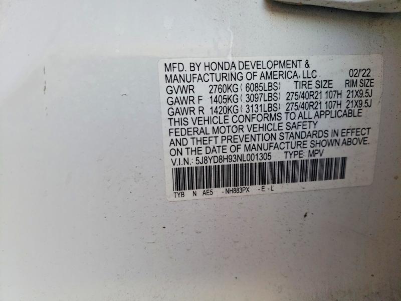 99776295 :رقم المزاد ، 5J8YD8H93NL001305 vin ، 2022 Acura Mdx مزاد بيع