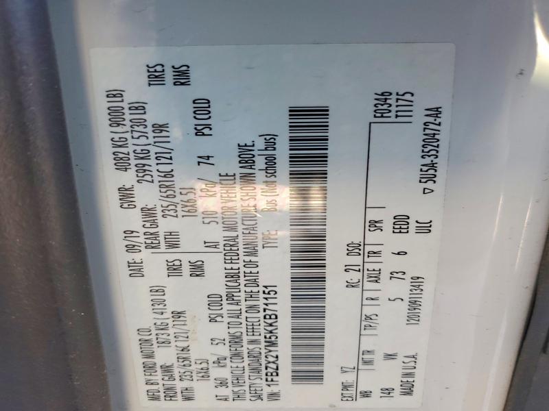 Продаж на аукціоні авто 2019 Ford Transit, vin: 1FBZX2YM5KKB71151, номер лоту: 74686765